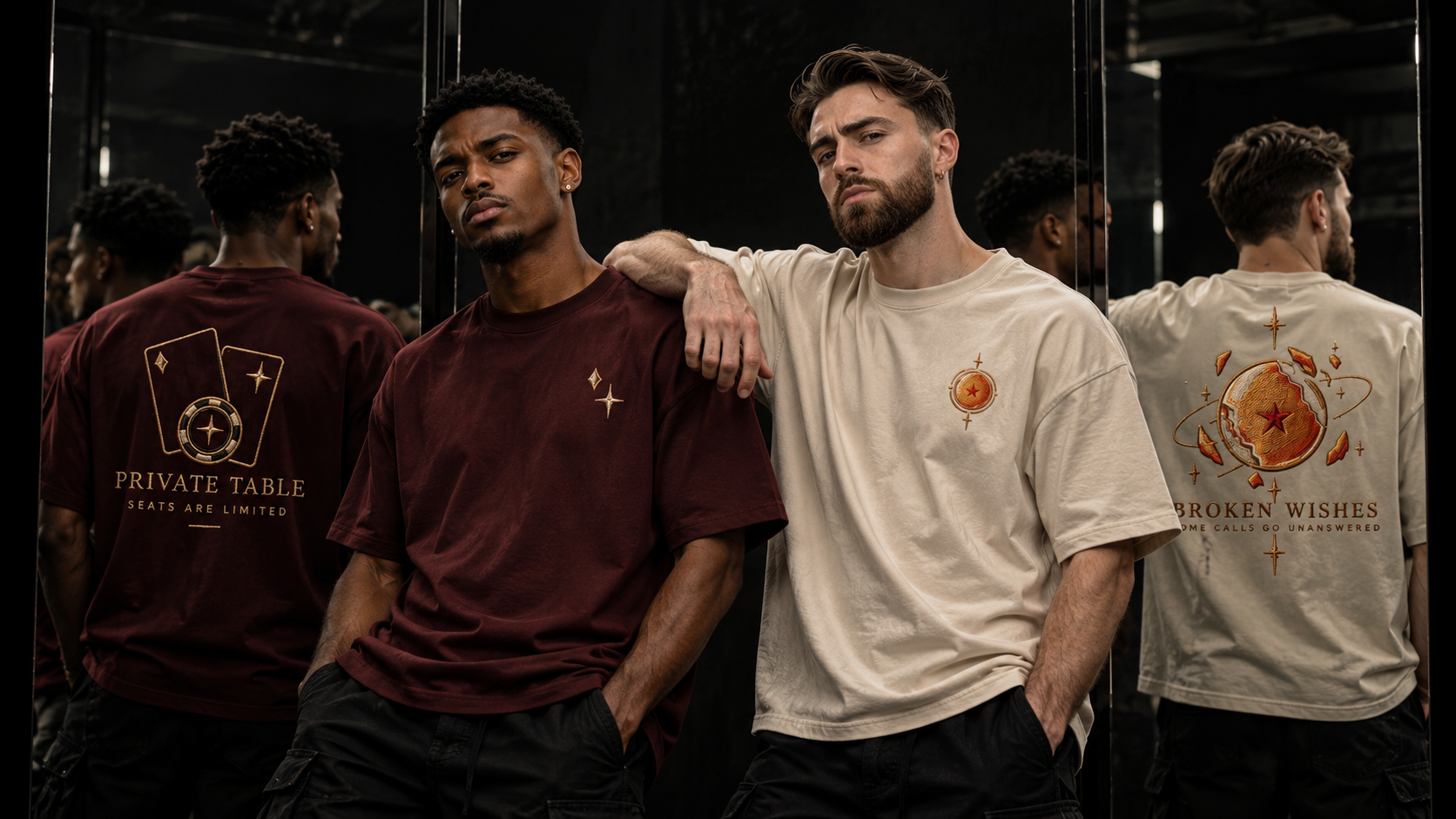 Two models wearing Intellectus embroidered t-shirts in a mirrored room